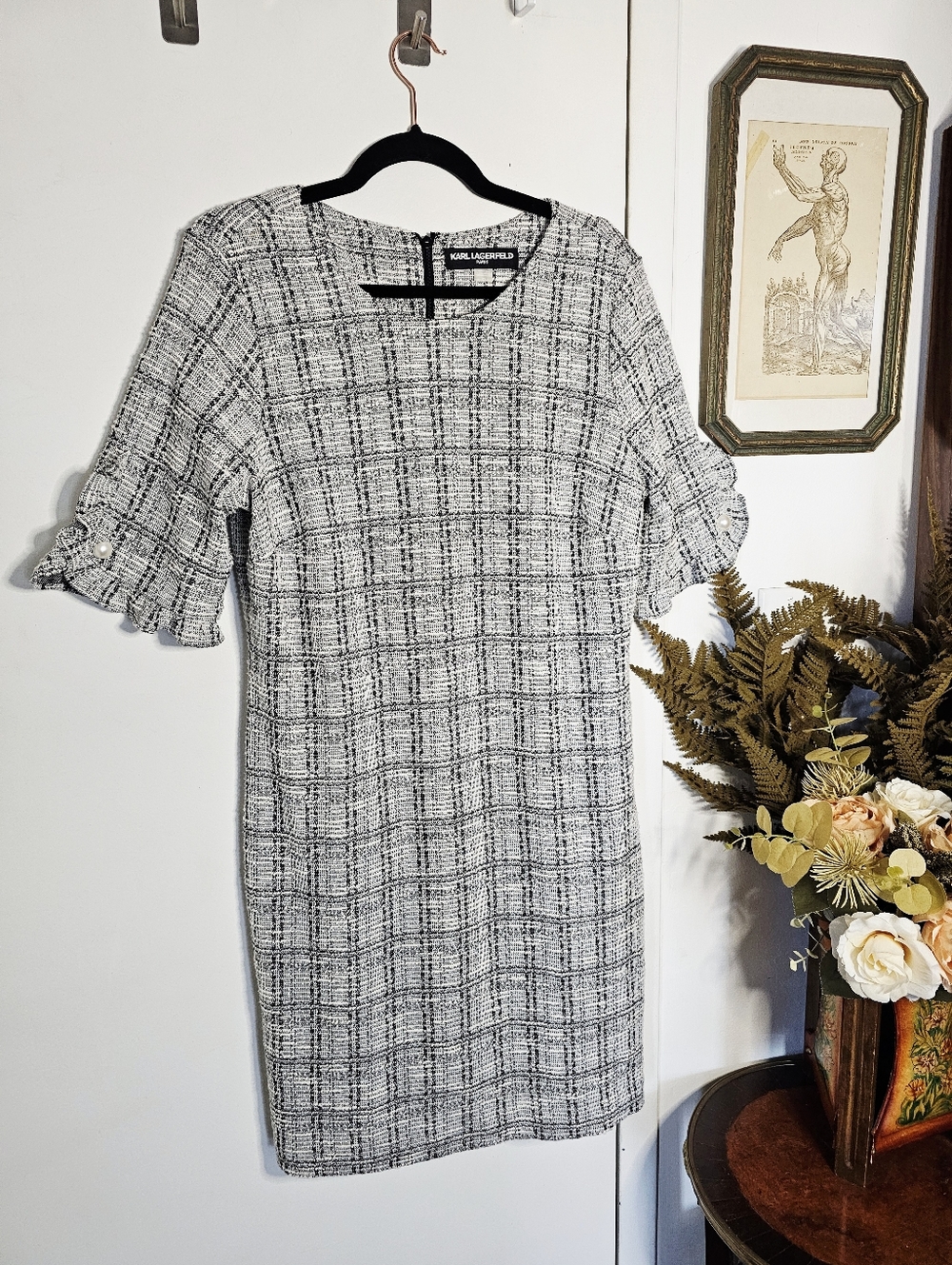 Karl Lagerfeld Tweed Pearl Button Dress Plaid Metallic Paris